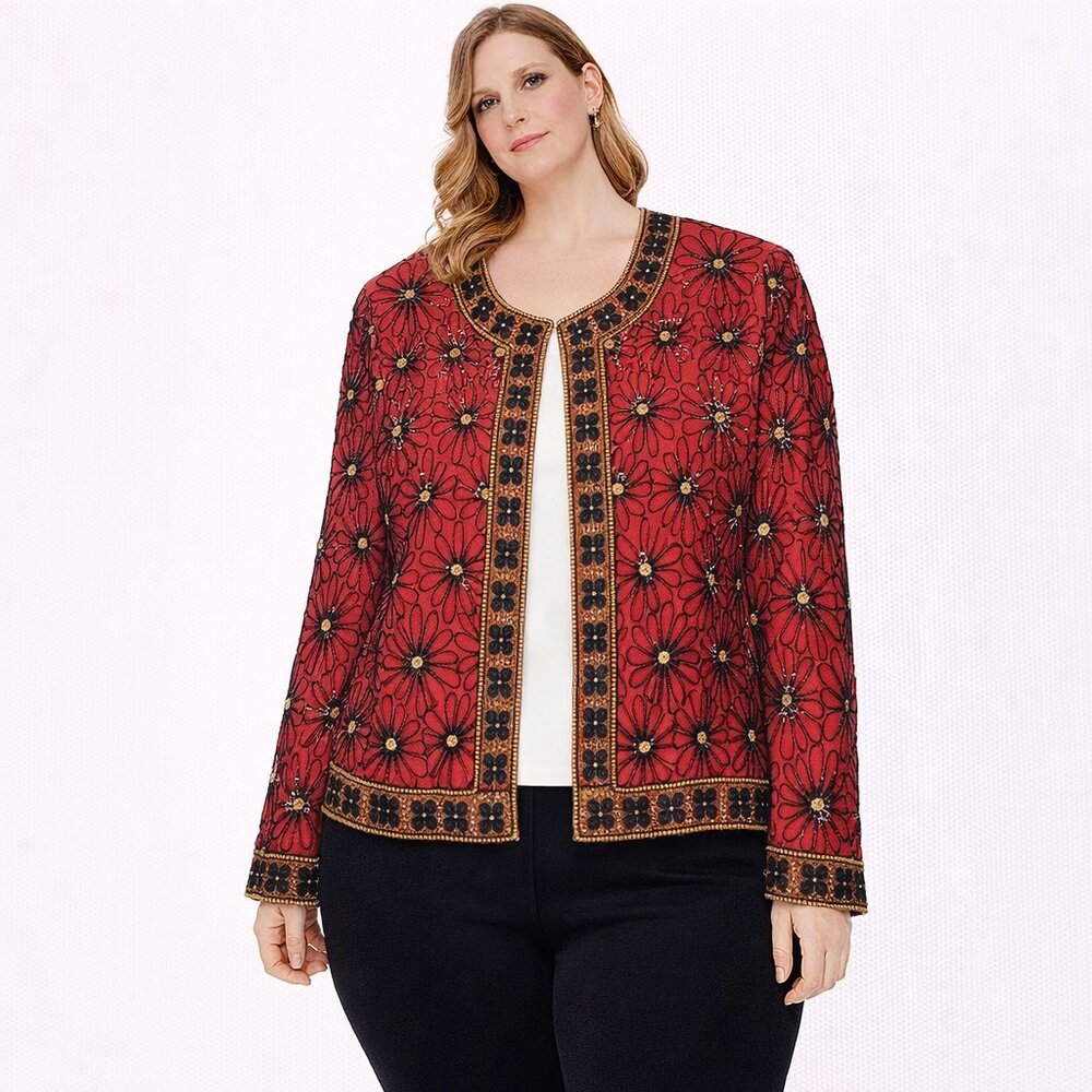 Red Ornate Blazer with Gold Trim and Beading Size:L
